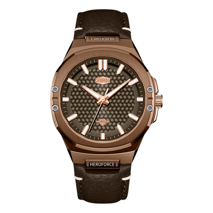A Heroforce men's analog watch featuring a bronze-toned case, a textured dark brown dial, and a dark brown leather strap 