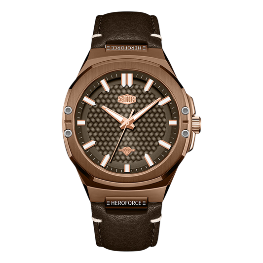 A Heroforce men's analog watch featuring a bronze-toned case, a textured dark brown dial, and a dark brown leather strap 
