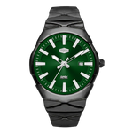 A Heroforce watch with a dark green dial and a textured black ceramic case and link strap, shown against a plain white background.