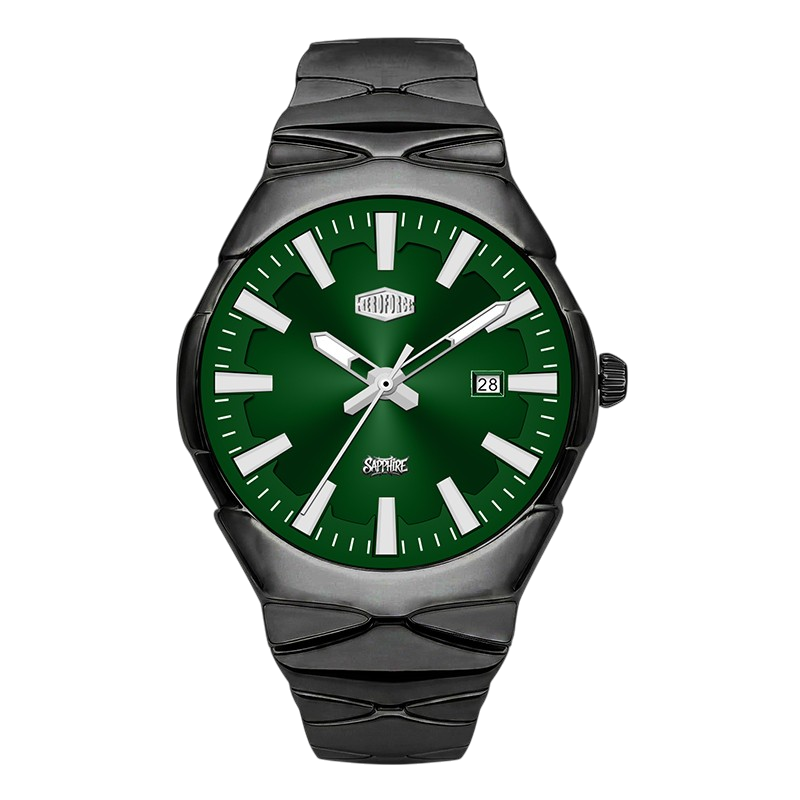 A Heroforce watch with a dark green dial and a textured black ceramic case and link strap, shown against a plain white background.