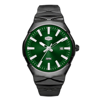 A Heroforce watch with a dark green dial and a textured black ceramic case and link strap, shown against a plain white background.