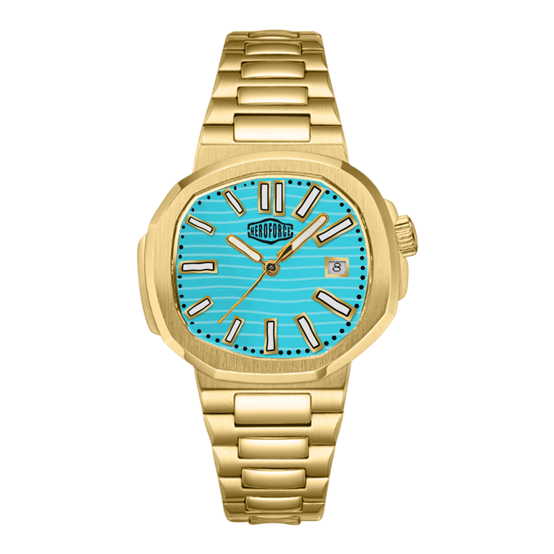 A Heroforce wristwatch with a gold-tone metal bracelet and case, featuring a vibrant turquoise blue dial with gold-tone indices and hands.