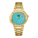 A Heroforce wristwatch with a gold-tone metal bracelet and case, featuring a vibrant turquoise blue dial with gold-tone indices and hands.