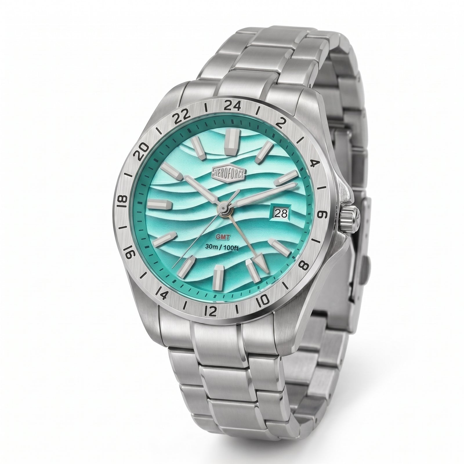 A Heroforce wristwatch with a silver stainless steel link bracelet and a turquoise wave-patterned dial, shown on a white background.