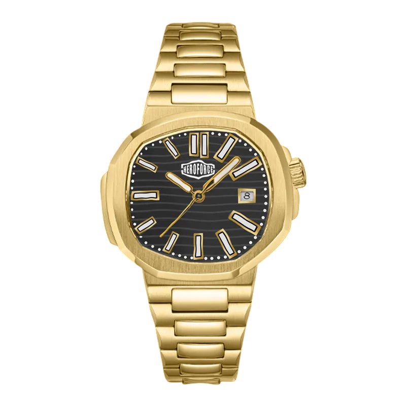 A Heroforce wristwatch with a gold-tone metal bracelet and case, featuring a textured black dial with gold-tone indices and hands.
