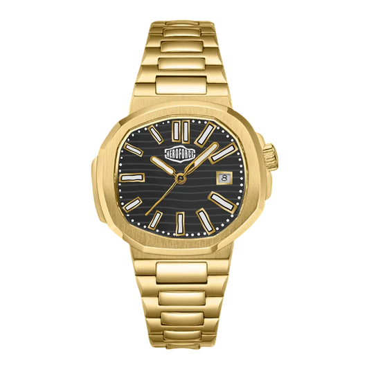 A Heroforce wristwatch with a gold-tone metal bracelet and case, featuring a textured black dial with gold-tone indices and hands.