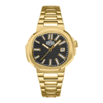 A Heroforce wristwatch with a gold-tone metal bracelet and case, featuring a textured black dial with gold-tone indices and hands.