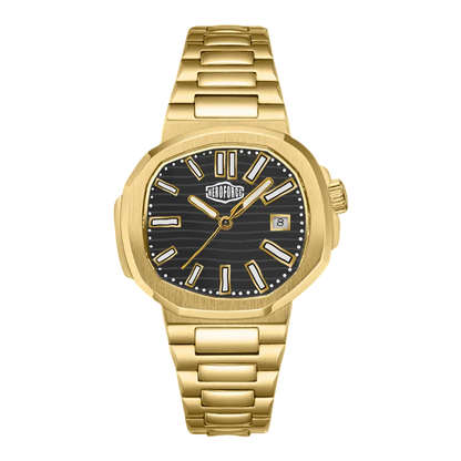 A Heroforce wristwatch with a gold-tone metal bracelet and case, featuring a textured black dial with gold-tone indices and hands.