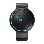 A black HEROFORCE 500A analog watch with a matching black metal strap and bezel, featuring light blue accents on the dial and hour markers, and a central logo that reads 'HEROFORCE'.