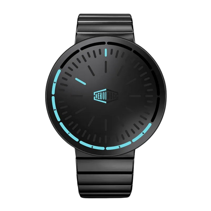 A black HEROFORCE 500A analog watch with a matching black metal strap and bezel, featuring light blue accents on the dial and hour markers, and a central logo that reads 'HEROFORCE'.
