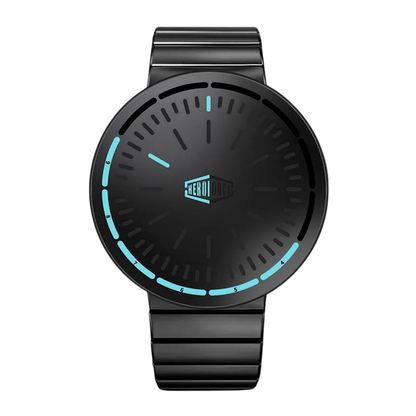 A black HEROFORCE 500A analog watch with a matching black metal strap and bezel, featuring light blue accents on the dial and hour markers, and a central logo that reads 'HEROFORCE'.