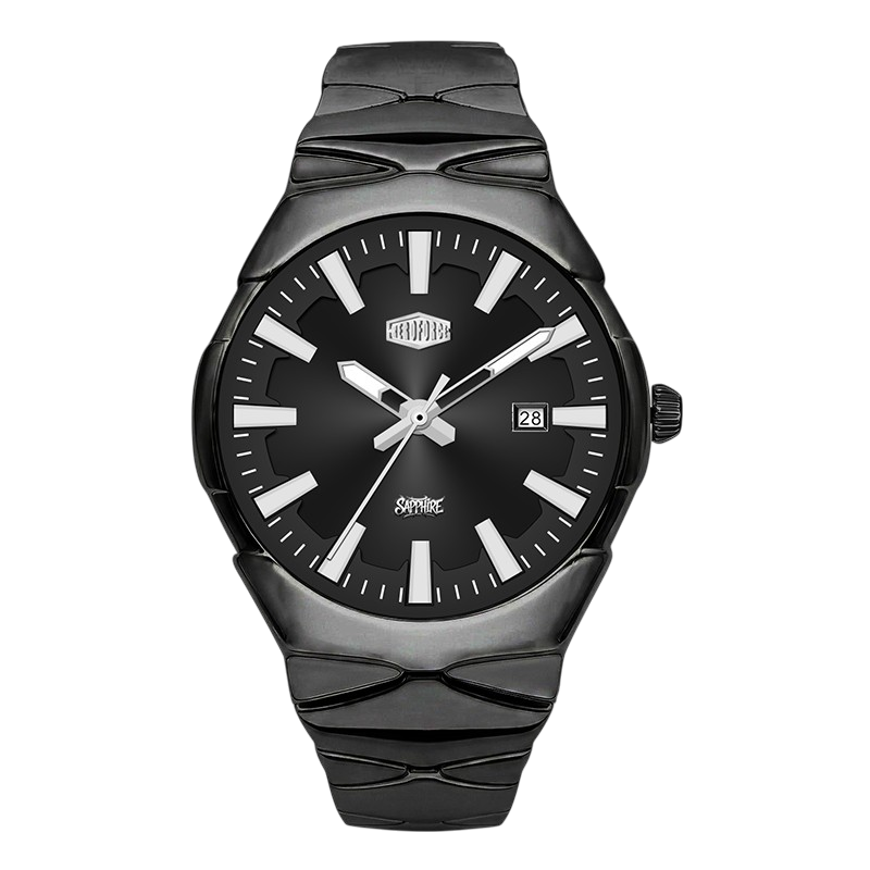 A black Herforce watch with a textured black ceramic or resin case and matching link-style strap, featuring a black dial with silver-tone hands, baton indices, and a date window at 3 o'clock.