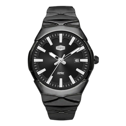A black Herforce watch with a textured black ceramic or resin case and matching link-style strap, featuring a black dial with silver-tone hands, baton indices, and a date window at 3 o'clock.