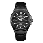 A black Heroforce men's watch with a textured carbon-fiber-patterned dial, silver-tone indices, and a black leather strap, shown against a plain white background.