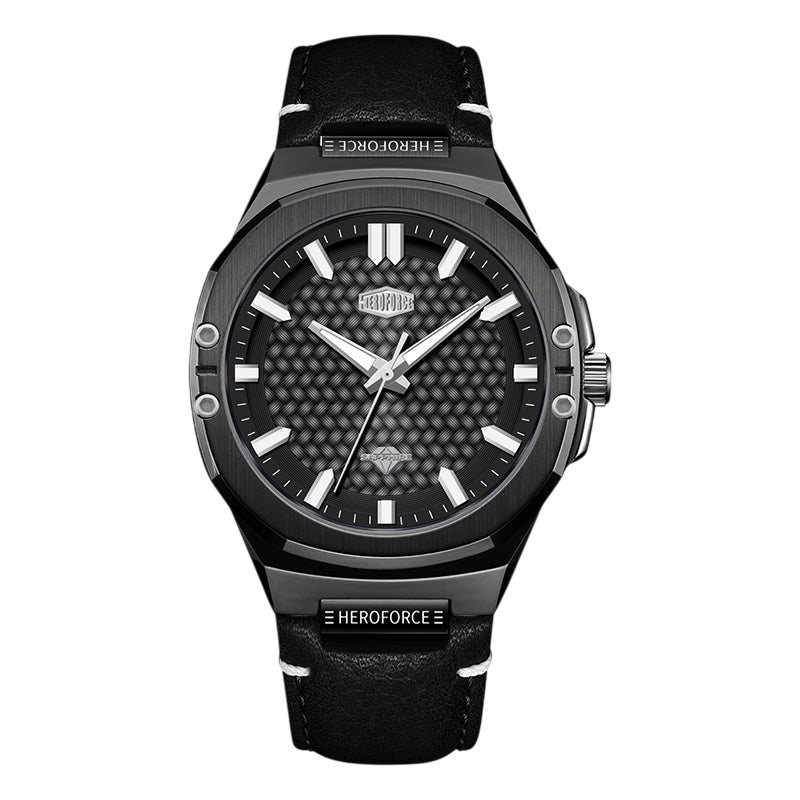 A black Heroforce men's watch with a textured carbon-fiber-patterned dial, silver-tone indices, and a black leather strap, shown against a plain white background.