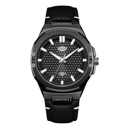 A black Heroforce men's watch with a textured carbon-fiber-patterned dial, silver-tone indices, and a black leather strap, shown against a plain white background.