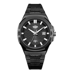 A black Heroforce men's watch with a textured carbon fiber dial, silver-tone hands and indices, and a matching black metal link bracelet, shown against a plain white background.