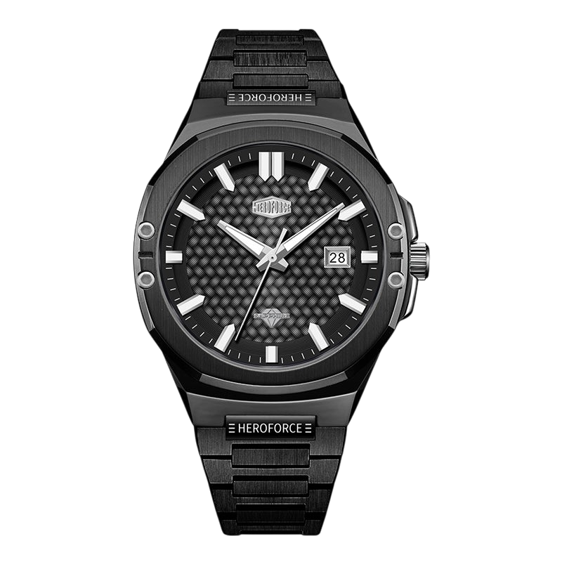 A black Heroforce men's watch with a textured carbon fiber dial, silver-tone hands and indices, and a matching black metal link bracelet, shown against a plain white background.