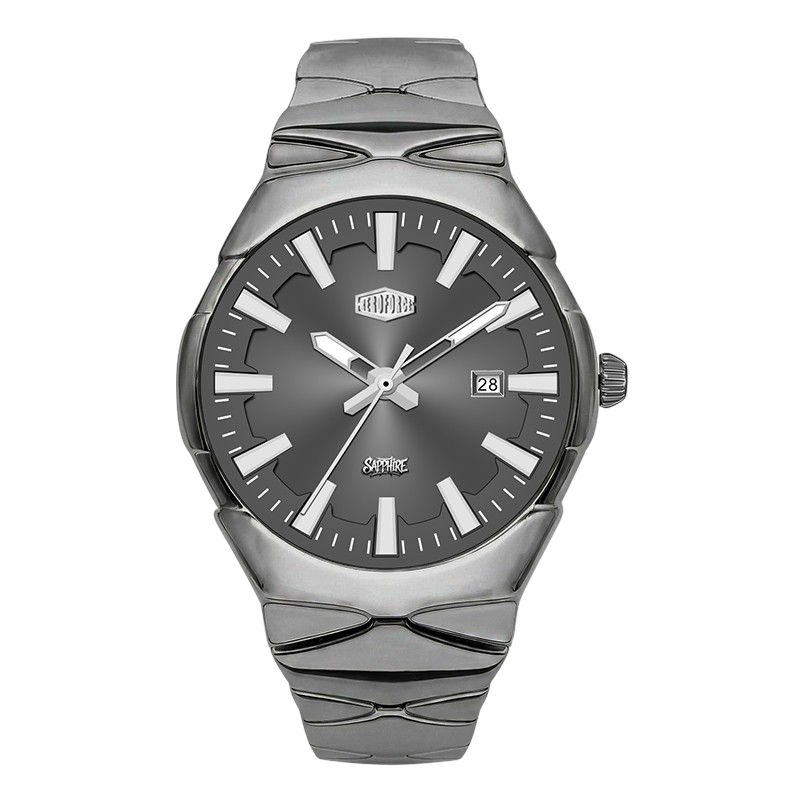 A black Heroforce watch with a textured black ceramic or resin case and matching link-style strap, featuring a black dial with silver-tone hands, baton indices, and a date window at 3 o'clock.