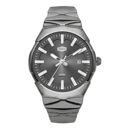 A black Heroforce watch with a textured black ceramic or resin case and matching link-style strap, featuring a black dial with silver-tone hands, baton indices, and a date window at 3 o'clock.
