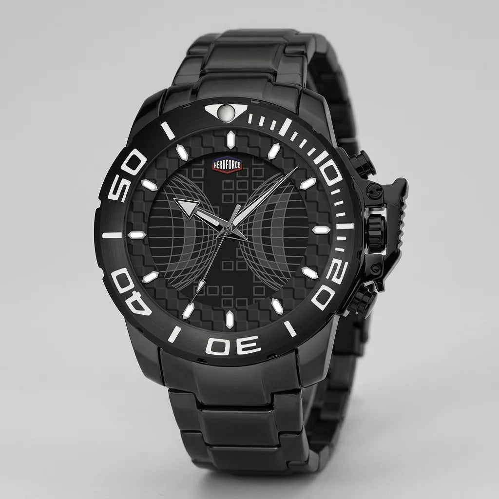 A black analog watch with a matching black metal link bracelet, featuring a textured dial with a crescent moon and grid pattern, white Arabic numerals on the bezel, and a small red and white logo on the dial.