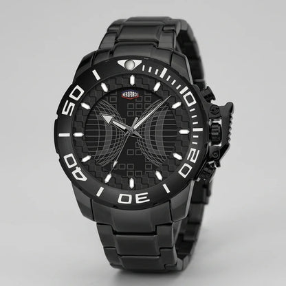 A black analog watch with a matching black metal link bracelet, featuring a textured dial with a crescent moon and grid pattern, white Arabic numerals on the bezel, and a small red and white logo on the dial.