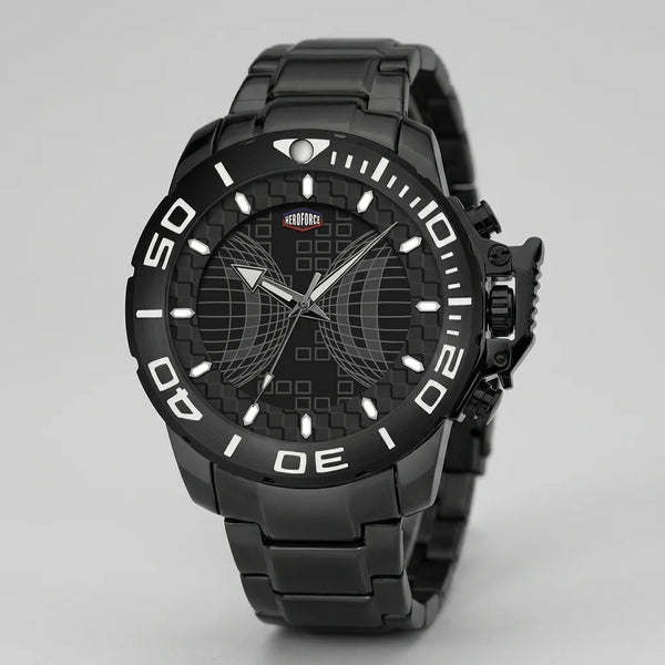 A black analog watch with a matching black metal link bracelet, featuring a textured dial with a crescent moon and grid pattern, white Arabic numerals on the bezel, and a small red and white logo on the dial.