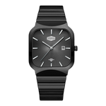 A black analog watch with a square bezel, black dial, and a matching black ridged strap, shown against a plain white background.