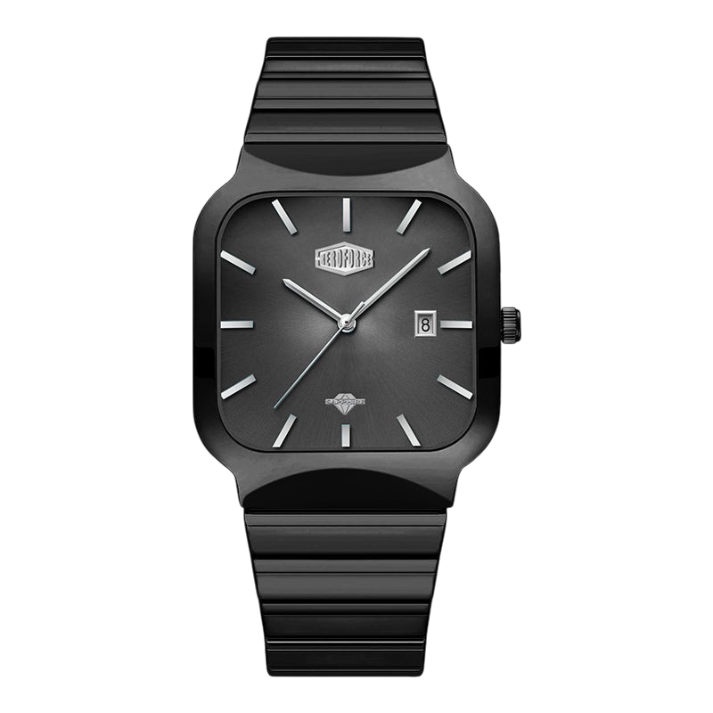 A black analog watch with a square bezel, black dial, and a matching black ridged strap, shown against a plain white background.