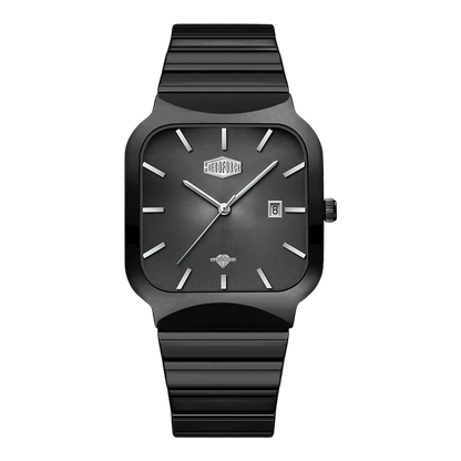 A black analog watch with a square bezel, black dial, and a matching black ridged strap, shown against a plain white background.