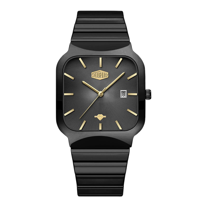 A black analog watch with a square bezel, black dial, gold-tone hands and markers, and a matching black ridged strap, shown on a plain white background.