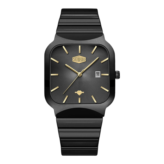 A black analog watch with a square bezel, black dial, gold-tone hands and markers, and a matching black ridged strap, shown on a plain white background.