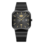 A black analog watch with a square bezel, black dial, gold-tone hands and markers, and a matching black ridged strap, shown on a plain white background.