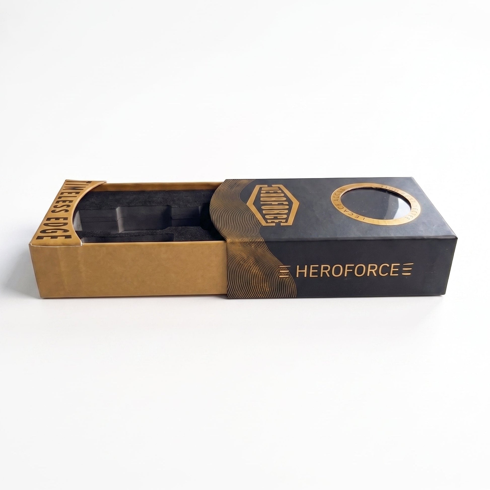 A black and gold Heroforce product box with a sliding lid, shown open on a clean white background.