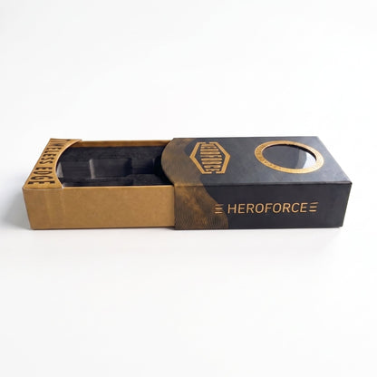A black and gold Heroforce product box with a sliding lid, shown open on a clean white background.
