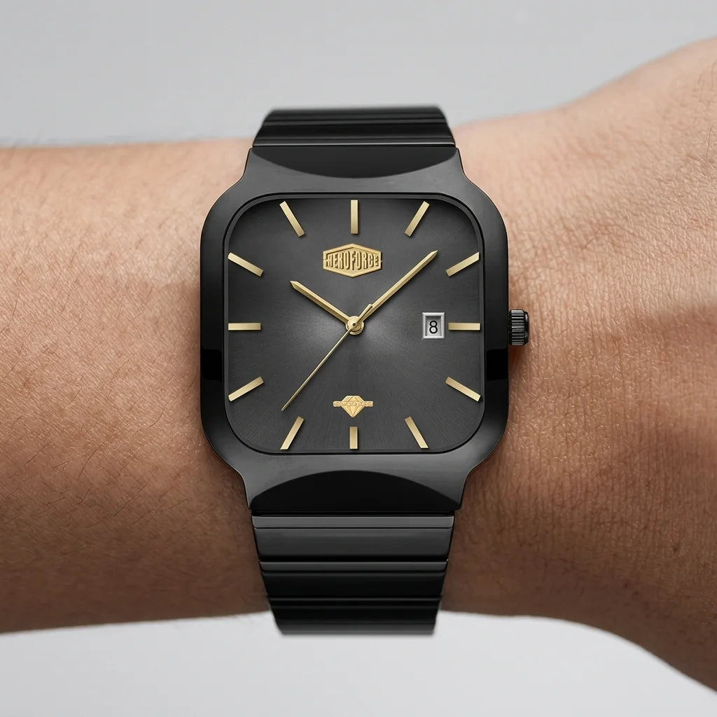 A black rectangular analog watch with gold-tone hands, hour markers, and logo details, shown worn on a person's wrist against a light gray background.