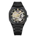 A black skeleton watch with a matching black link bracelet, featuring gold-tone hands, hour markers, and visible inner mechanical gears on a white background.