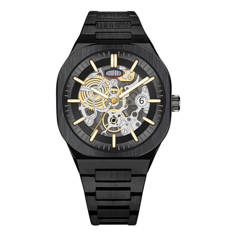 A black skeleton watch with a matching black link bracelet, featuring gold-tone hands, hour markers, and visible inner mechanical gears on a white background.