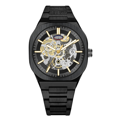 A black skeleton watch with a matching black link bracelet, featuring gold-tone hands, hour markers, and visible inner mechanical gears on a white background.