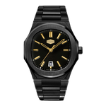 A black stainless steel watch with a matching black link bracelet, featuring a black dial with gold-tone hands, hour markers, and a small date window at the 3 o'clock position. 