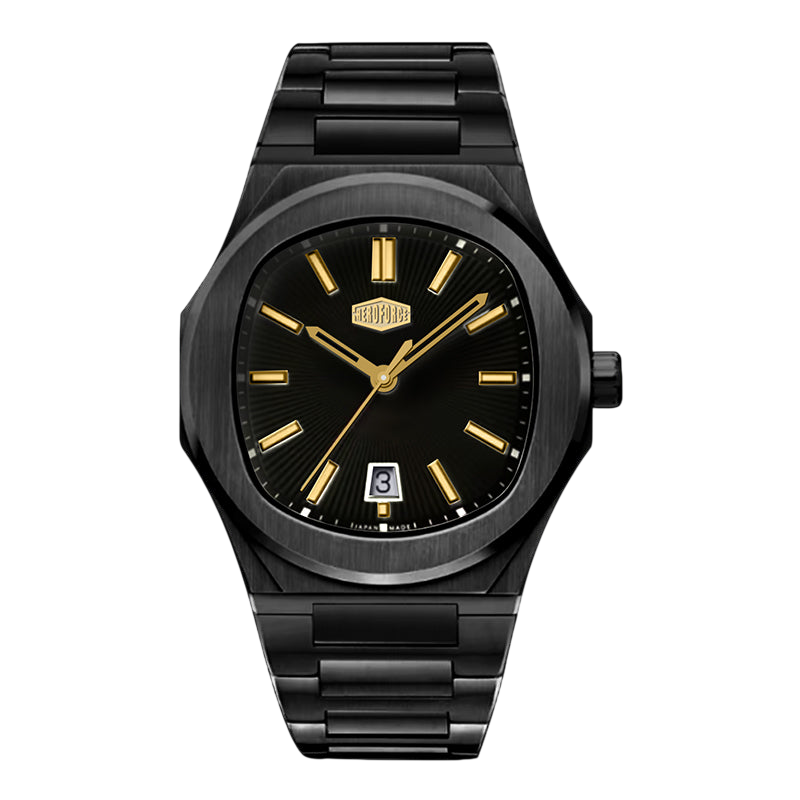 A black stainless steel watch with a matching black link bracelet, featuring a black dial with gold-tone hands, hour markers, and a small date window at the 3 o'clock position. 