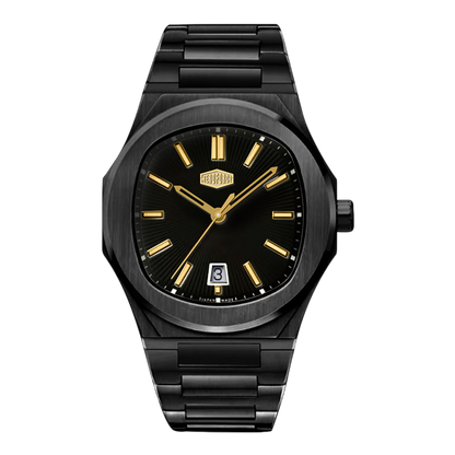 A black stainless steel watch with a matching black link bracelet, featuring a black dial with gold-tone hands, hour markers, and a small date window at the 3 o'clock position. 