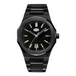 A black stainless steel wristwatch with a matching black link bracelet, featuring a black dial with silver-tone indices and hands, and a date window at the 3 o'clock position.