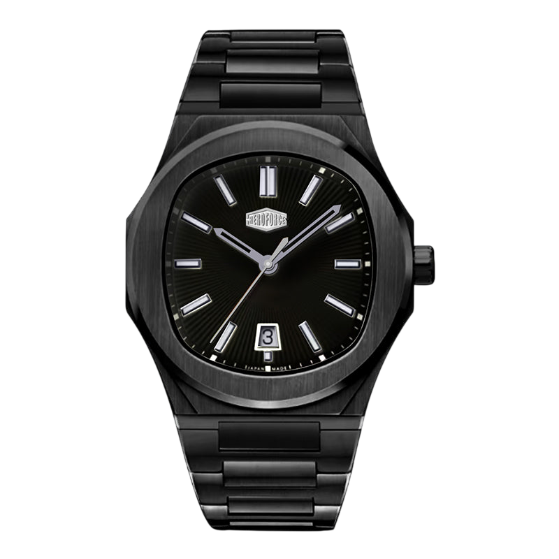 A black stainless steel wristwatch with a matching black link bracelet, featuring a black dial with silver-tone indices and hands, and a date window at the 3 o'clock position.