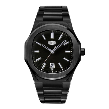 A black stainless steel wristwatch with a matching black link bracelet, featuring a black dial with silver-tone indices and hands, and a date window at the 3 o'clock position.