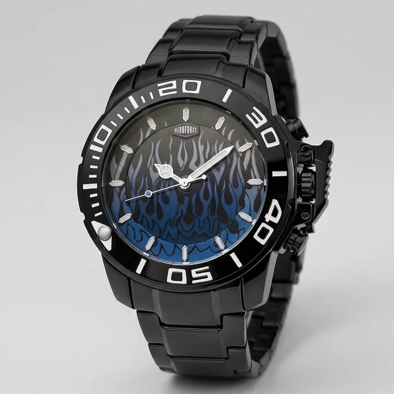 A black stainless steel wristwatch with a blue flame-pattern dial and a black bezel with white numerals, shown on a light gray background.