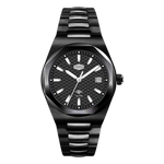 A black stainless steel wristwatch with a textured dial, silver-tone indices, and a matching black link bracelet, shown against a plain white background.