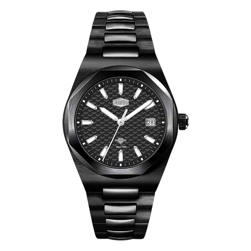 A black stainless steel wristwatch with a textured dial, silver-tone indices, and a matching black link bracelet, shown against a plain white background.