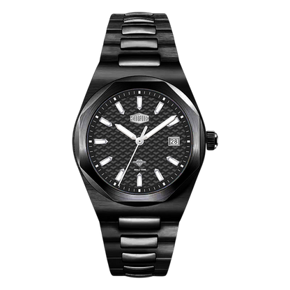 A black stainless steel wristwatch with a textured dial, silver-tone indices, and a matching black link bracelet, shown against a plain white background.