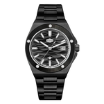 A black stainless steel wristwatch with a wave-patterned dial, silver-tone hands and markers, and a date window, shown against a plain white background.